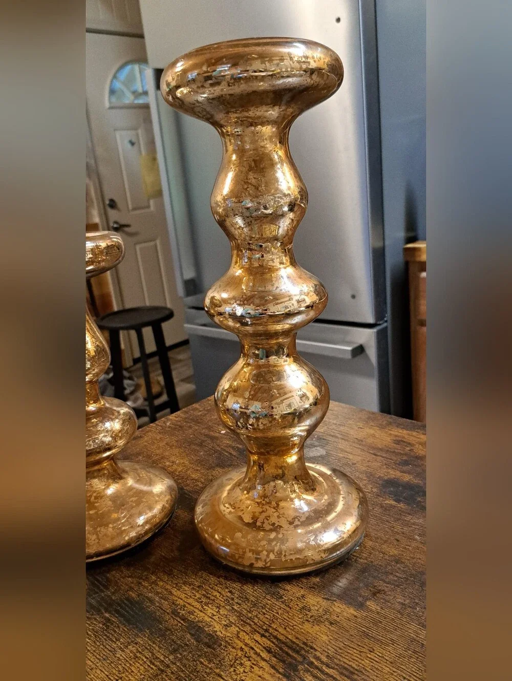 Set Of 2 West Elm Gold Speckled Mercury Glass Orb Pedestal Pillar Candleholders